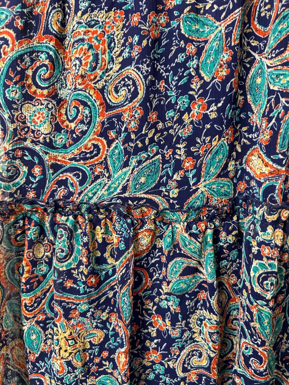 BeBop Navy Paisley Tie-Front Tiered Mini Dress with Teal & Coral Accents - Picture 6 of 6